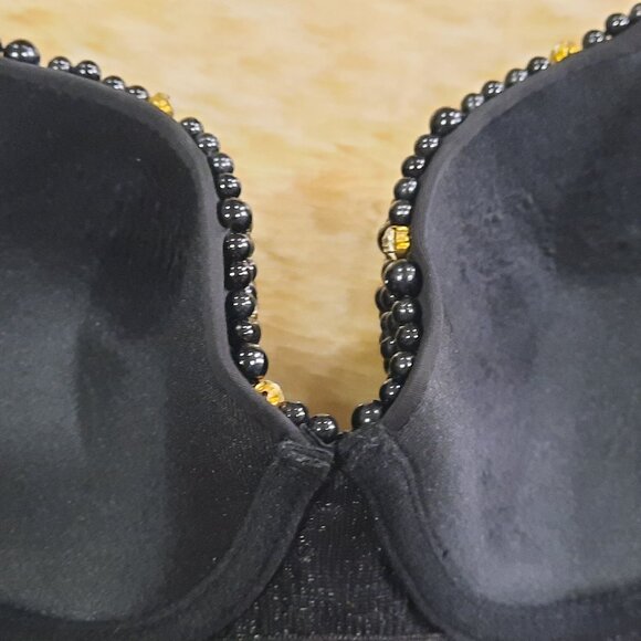 Black Pearl Type Push Up Bra With Rhinestones Small Corset Bustier Crop Top - Picture 7 of 7